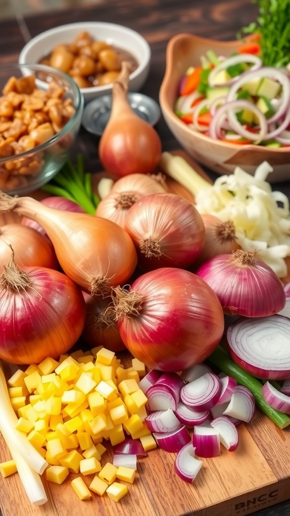 A variety of onions including red, yellow, and green on a wooden cutting board with bowls of caramelized onions and a salad.